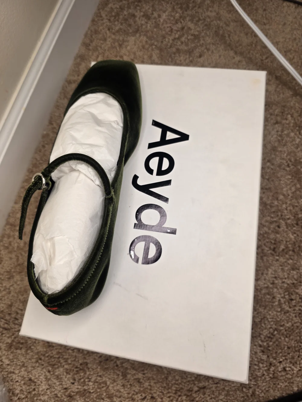 Aeyde Olive Green Velvet Mary Jane Flat